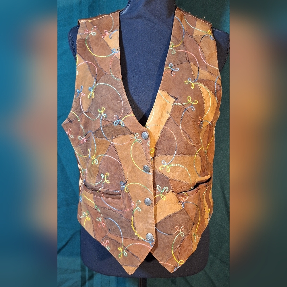 AMERICAN FLIRT Brown Suede Patchwork Vest with Multicolor Embroidered Accents